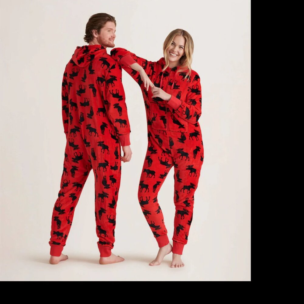 Adult Moose on Red Hooded Zip-up Fleece Jumpsuit PJ Onesie